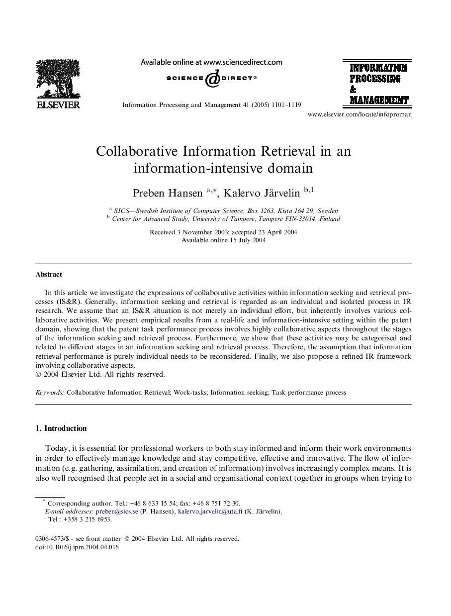 Collaborative Information Retrieval in an information-intensive domain