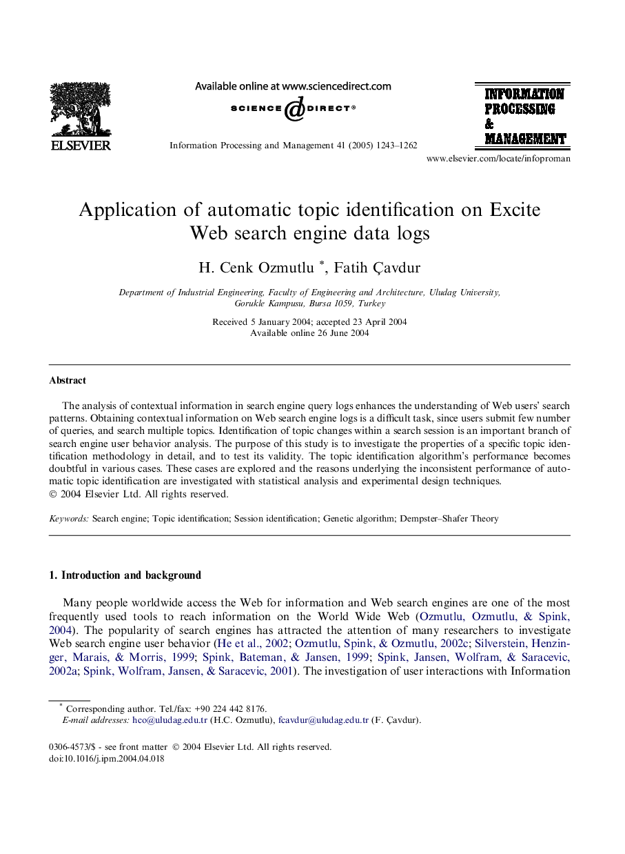 Application of automatic topic identification on Excite Web search engine data logs