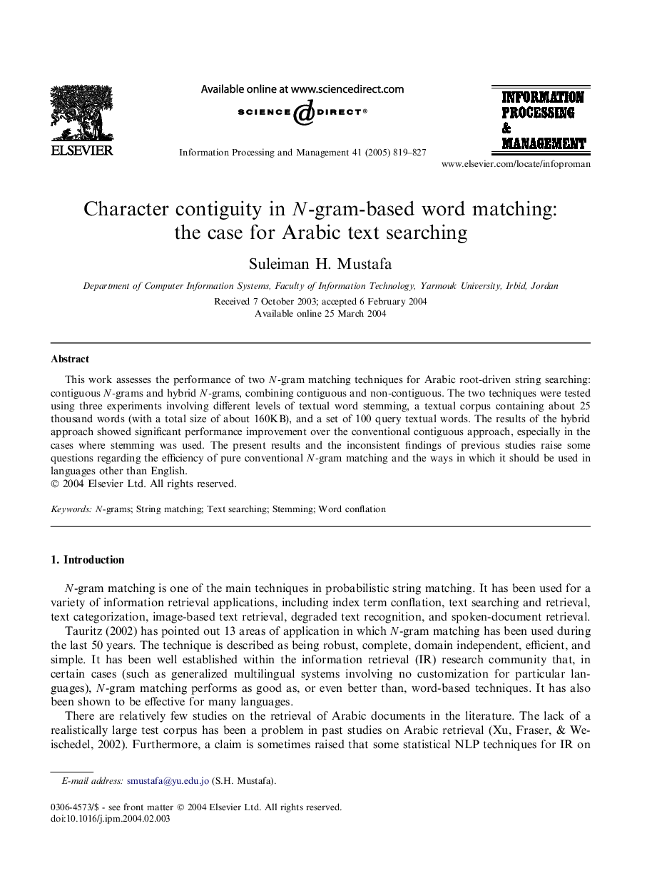 Character contiguity in N-gram-based word matching: the case for Arabic text searching