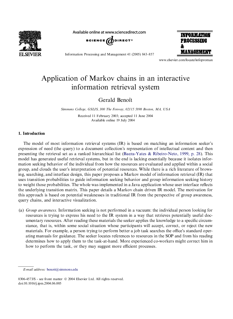 Application of Markov chains in an interactive information retrieval system