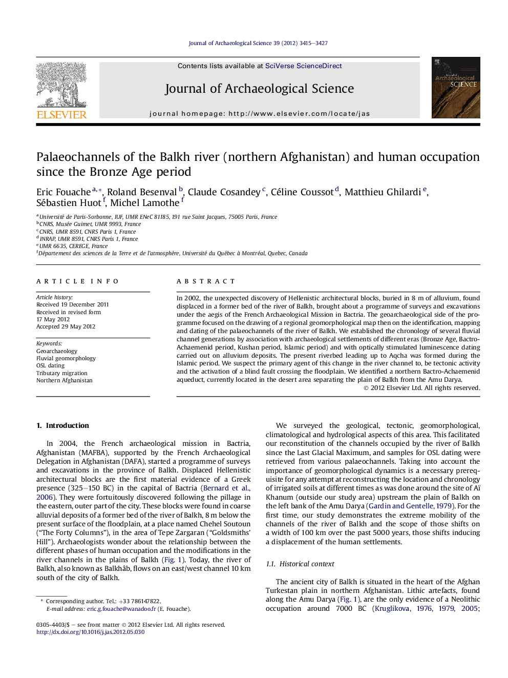 Palaeochannels of the Balkh river (northern Afghanistan) and human occupation since the Bronze Age period