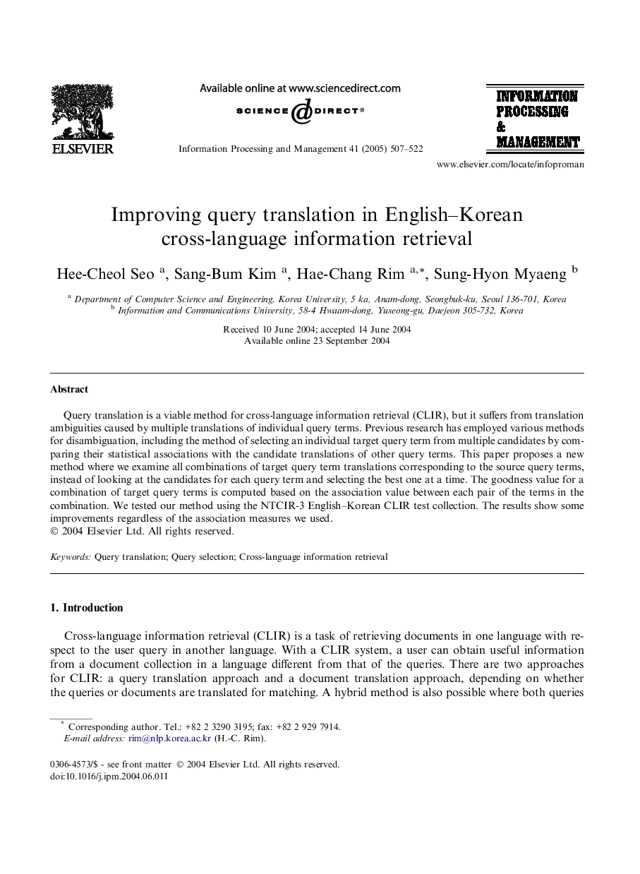 Improving query translation in English-Korean cross-language information retrieval