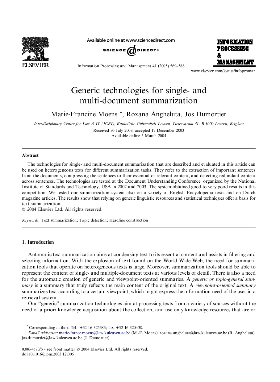 Generic technologies for single- and multi-document summarization