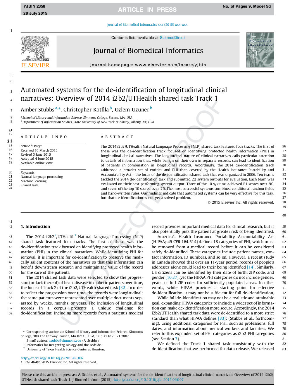 Automated systems for the de-identification of longitudinal clinical narratives: Overview of 2014 i2b2/UTHealth shared task Track 1