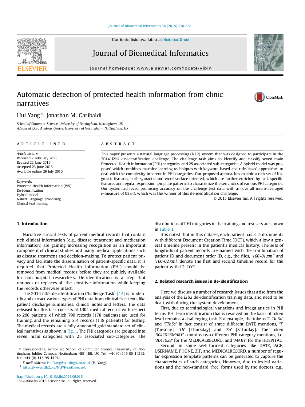 Automatic detection of protected health information from clinic narratives