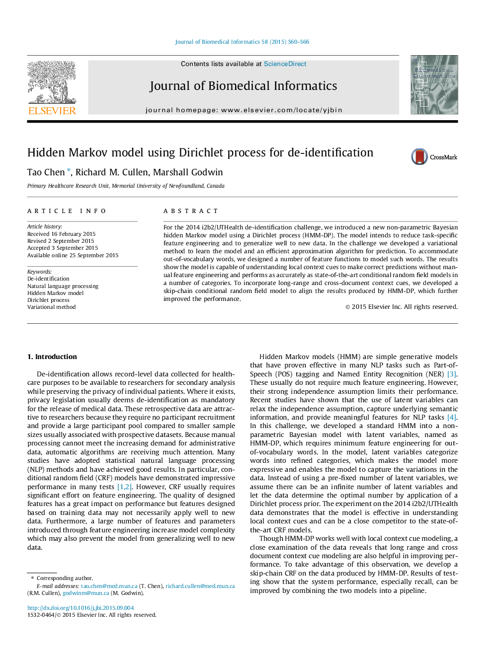 Hidden Markov model using Dirichlet process for de-identification