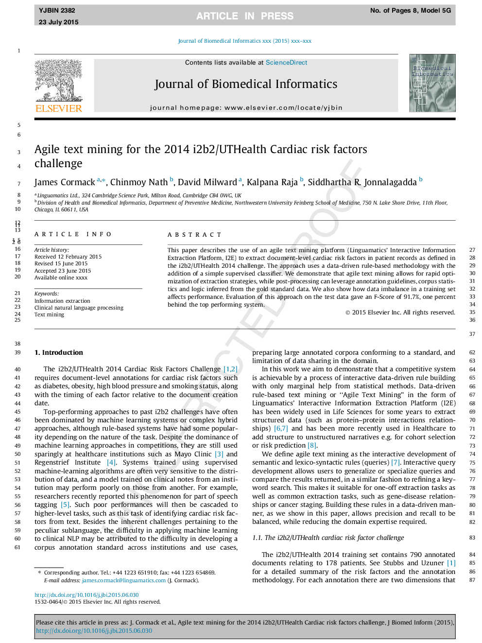 Agile text mining for the 2014 i2b2/UTHealth Cardiac risk factors challenge