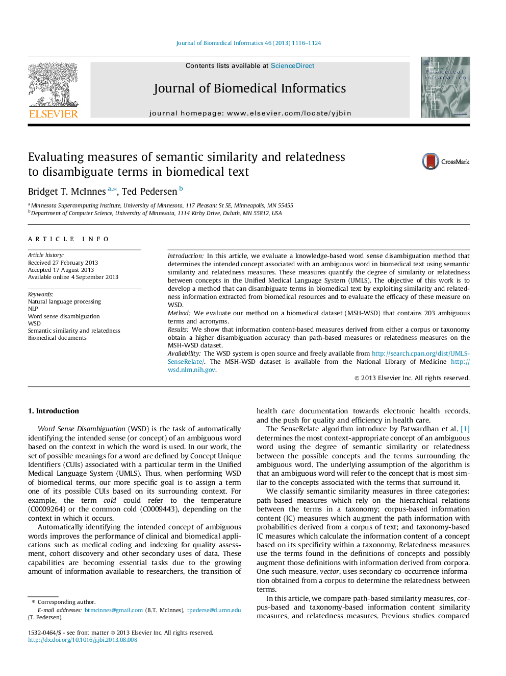 Evaluating measures of semantic similarity and relatedness to disambiguate terms in biomedical text