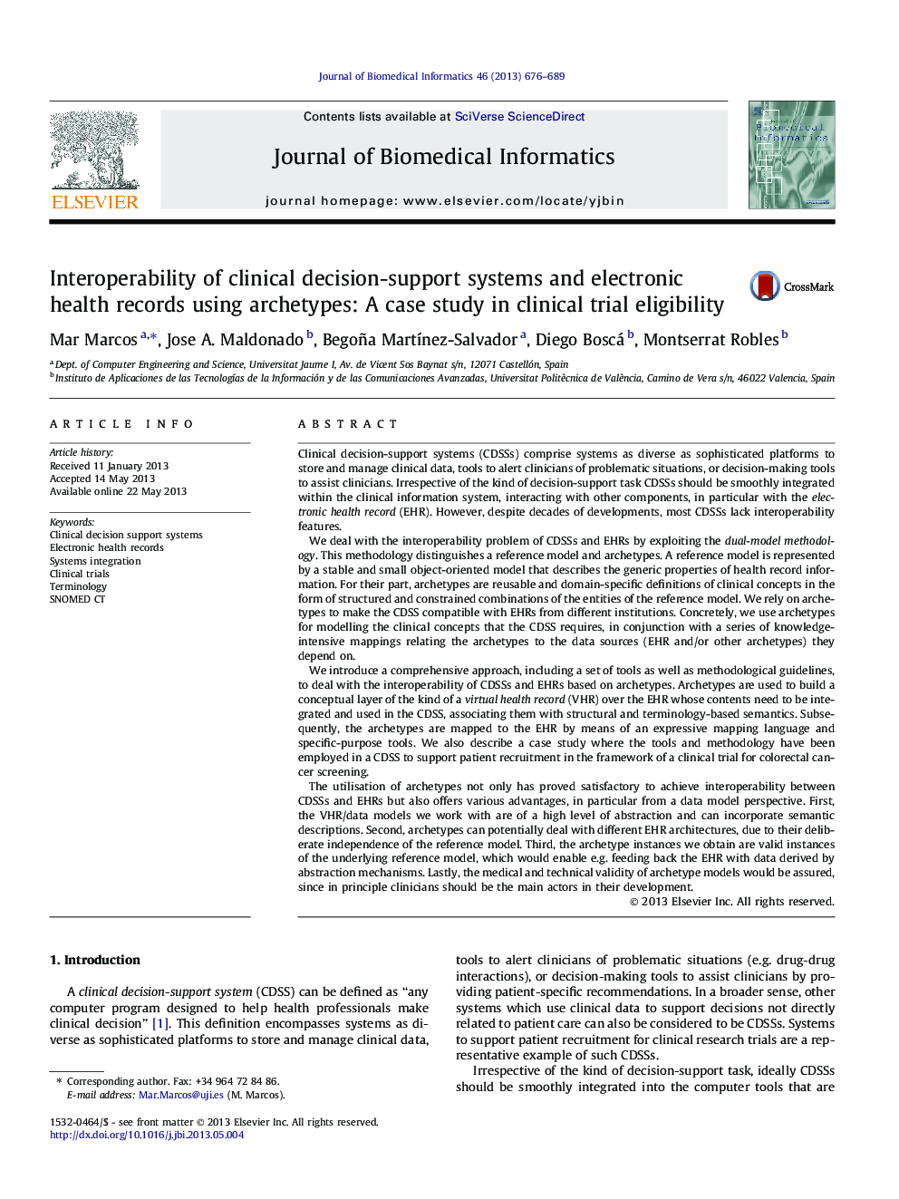 Interoperability of clinical decision-support systems and electronic health records using archetypes: A case study in clinical trial eligibility