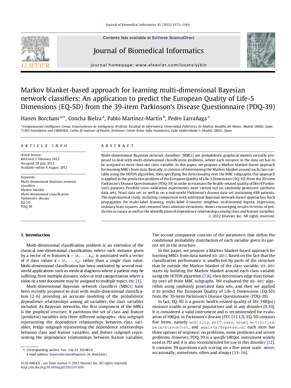 Markov blanket-based approach for learning multi-dimensional Bayesian network classifiers: An application to predict the European Quality of Life-5 Dimensions (EQ-5D) from the 39-item Parkinson's Disease Questionnaire (PDQ-39)