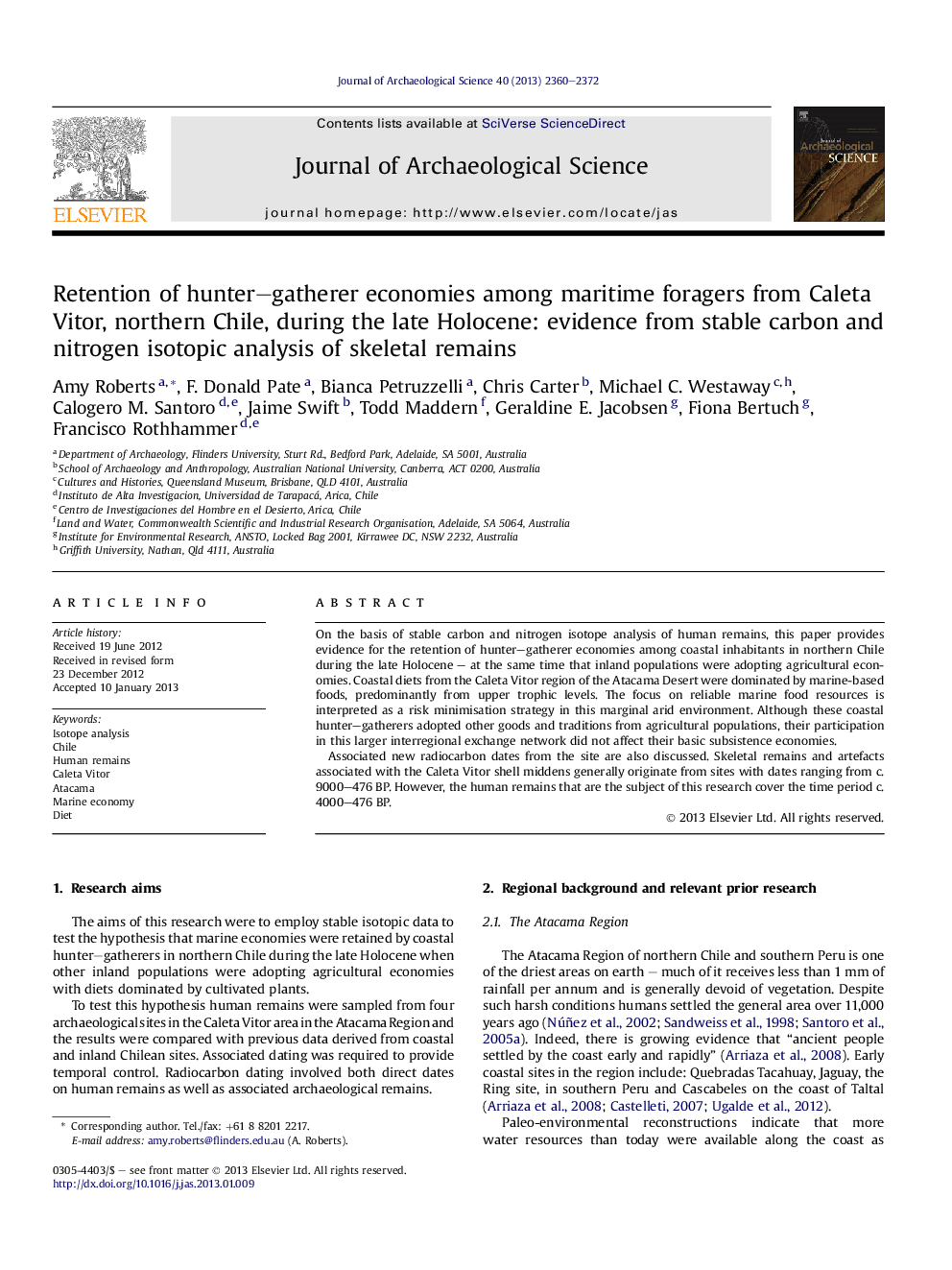 Retention of hunter–gatherer economies among maritime foragers from Caleta Vitor, northern Chile, during the late Holocene: evidence from stable carbon and nitrogen isotopic analysis of skeletal remains