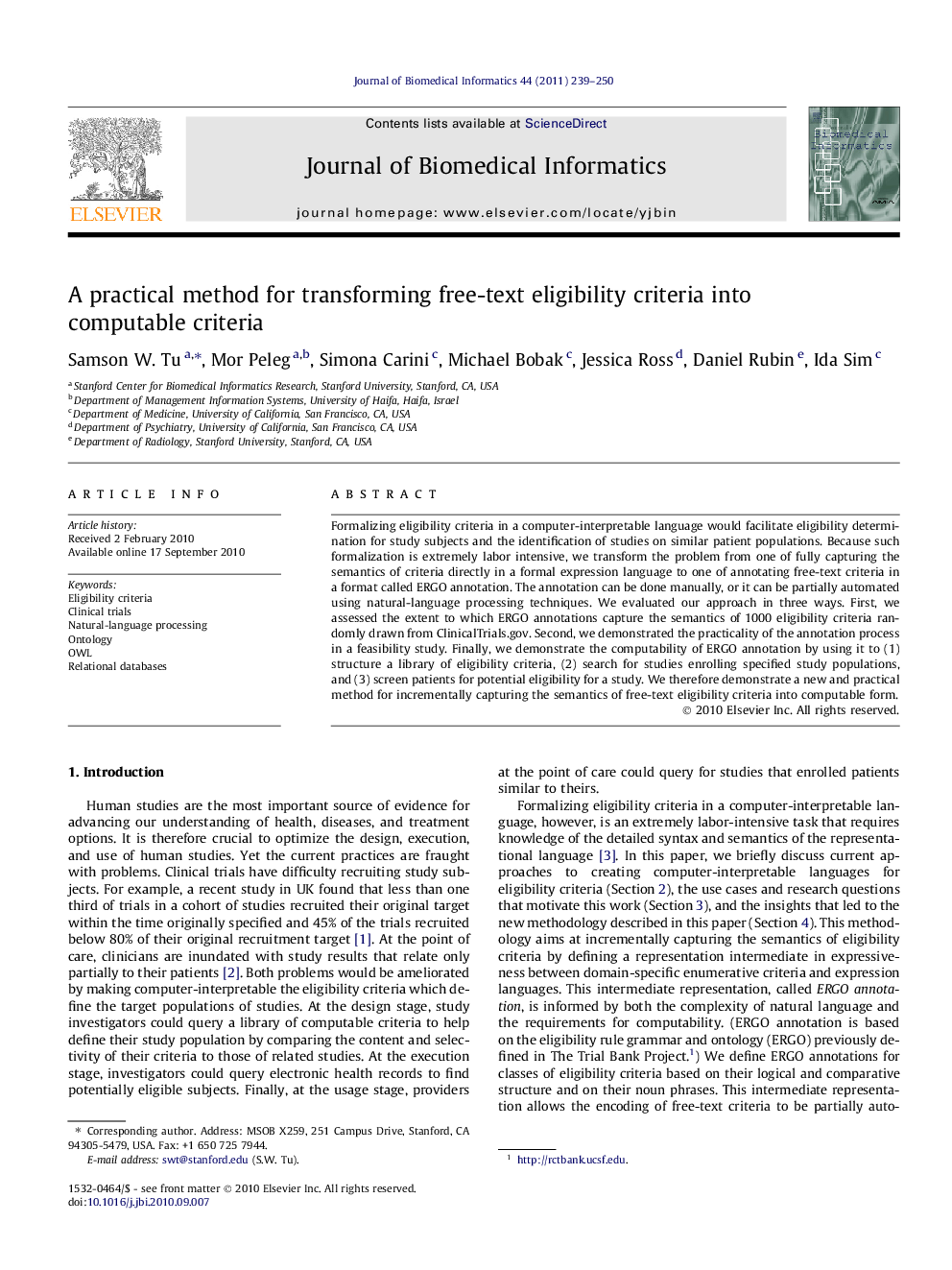 A practical method for transforming free-text eligibility criteria into computable criteria