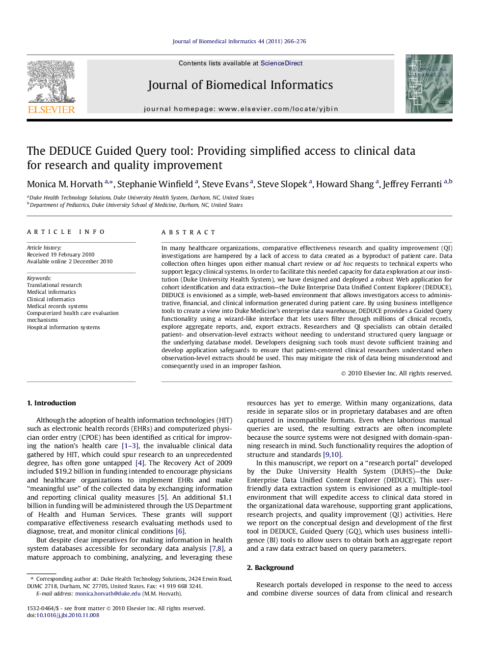 The DEDUCE Guided Query tool: Providing simplified access to clinical data for research and quality improvement