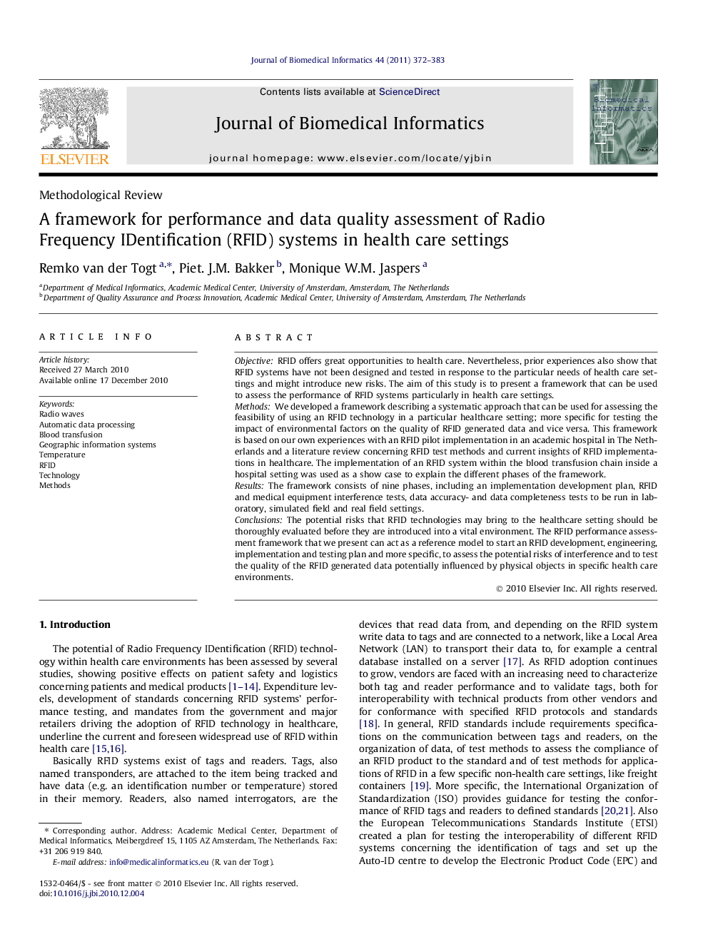 A framework for performance and data quality assessment of Radio Frequency IDentification (RFID) systems in health care settings