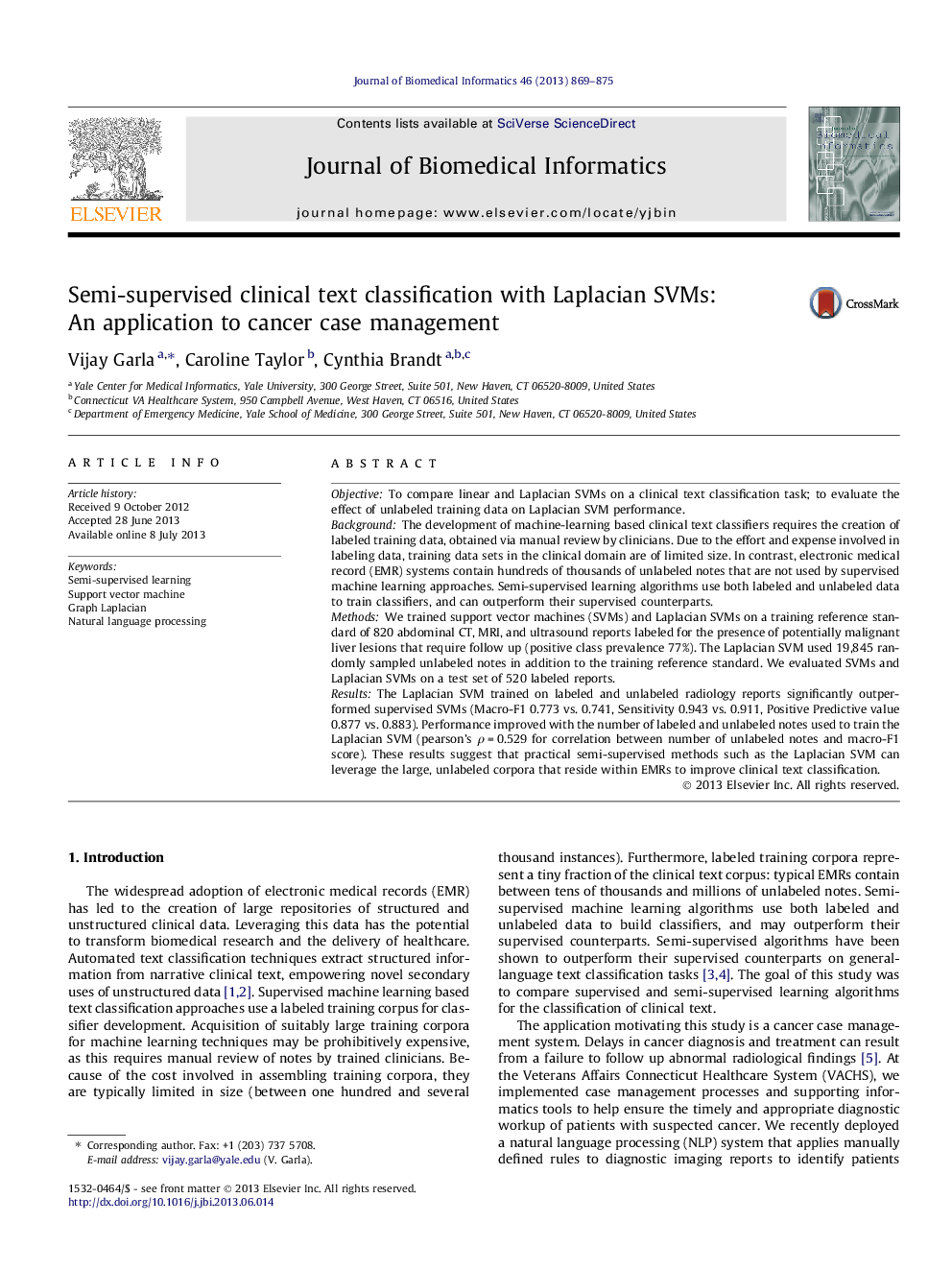 Semi-supervised clinical text classification with Laplacian SVMs: An application to cancer case management