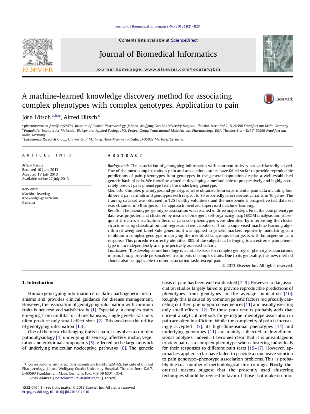 A machine-learned knowledge discovery method for associating complex phenotypes with complex genotypes. Application to pain