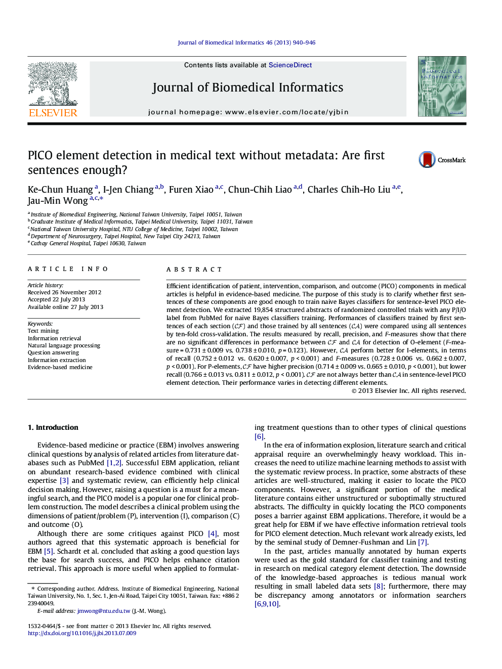 PICO element detection in medical text without metadata: Are first sentences enough?