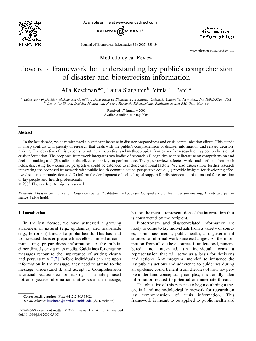 Toward a framework for understanding lay public's comprehension of disaster and bioterrorism information