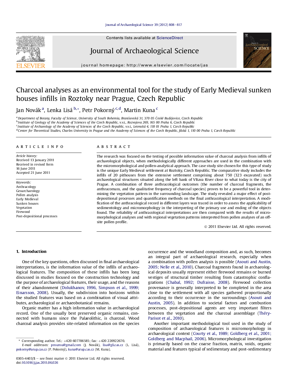 Charcoal analyses as an environmental tool for the study of Early Medieval sunken houses infills in Roztoky near Prague, Czech Republic