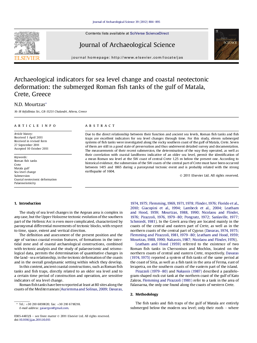 Archaeological indicators for sea level change and coastal neotectonic deformation: the submerged Roman fish tanks of the gulf of Matala, Crete, Greece