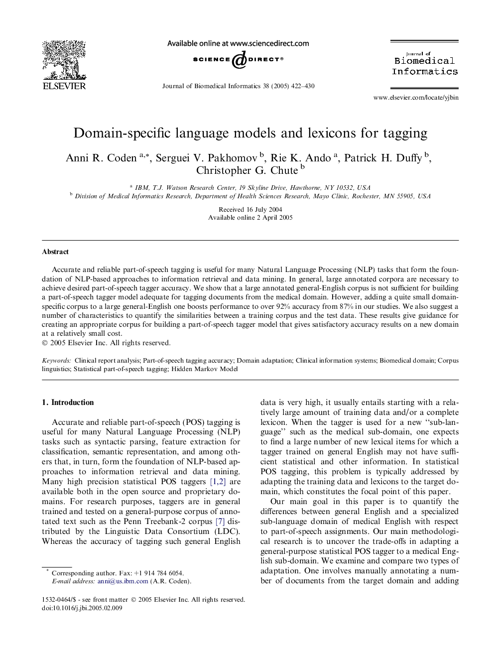 Domain-specific language models and lexicons for tagging