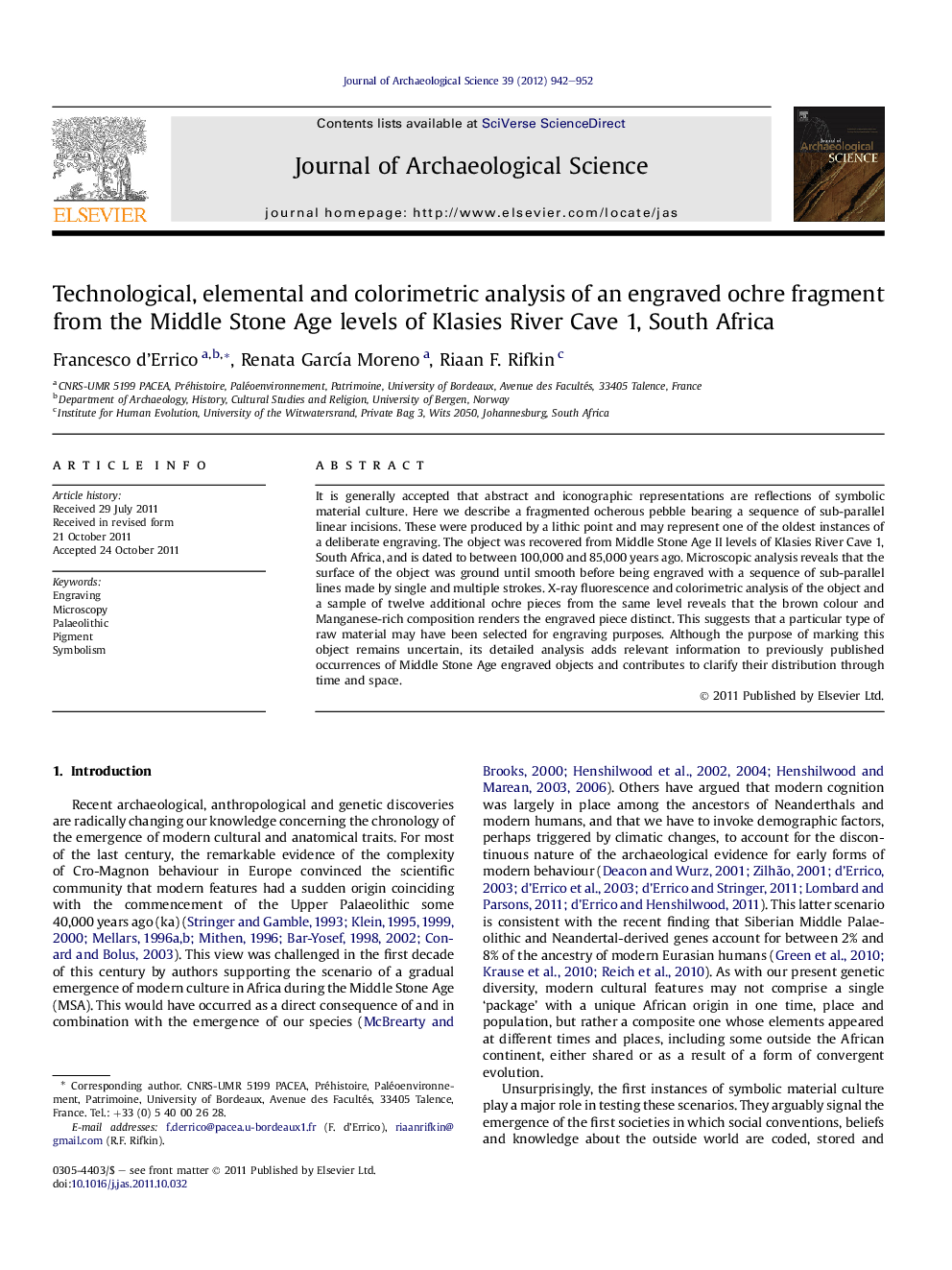 Technological, elemental and colorimetric analysis of an engraved ochre fragment from the Middle Stone Age levels of Klasies River Cave 1, South Africa