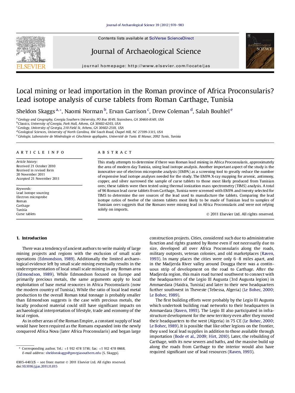 Local mining or lead importation in the Roman province of Africa Proconsularis? Lead isotope analysis of curse tablets from Roman Carthage, Tunisia