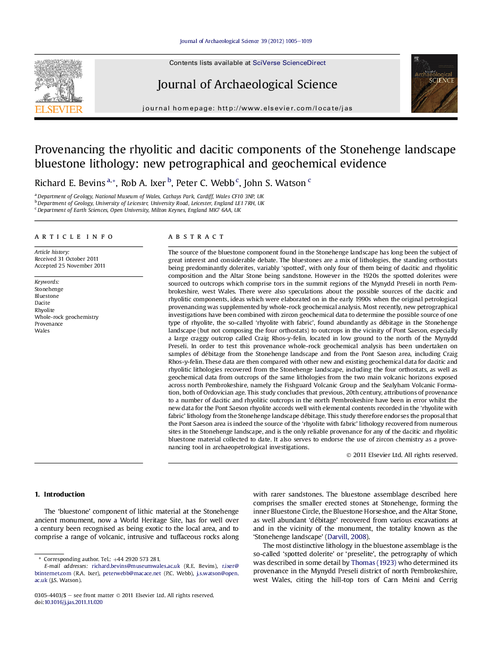 Provenancing the rhyolitic and dacitic components of the Stonehenge landscape bluestone lithology: new petrographical and geochemical evidence