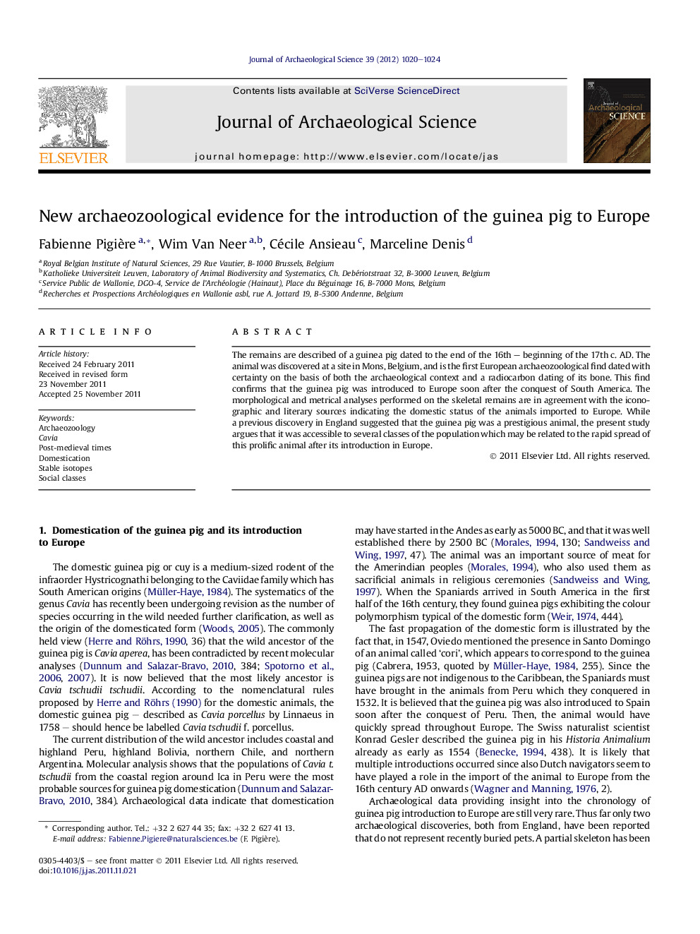 New archaeozoological evidence for the introduction of the guinea pig to Europe