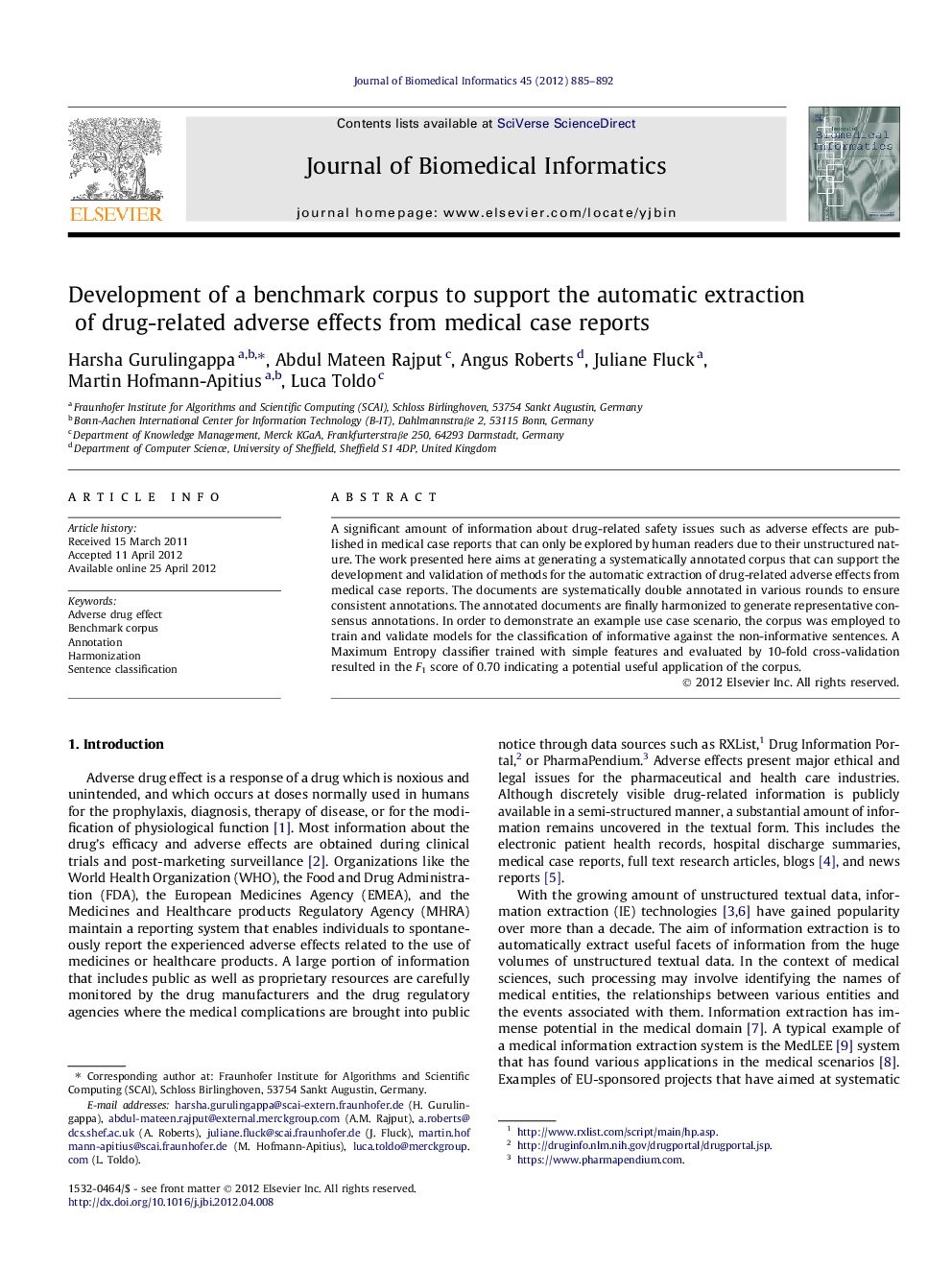 Development of a benchmark corpus to support the automatic extraction of drug-related adverse effects from medical case reports