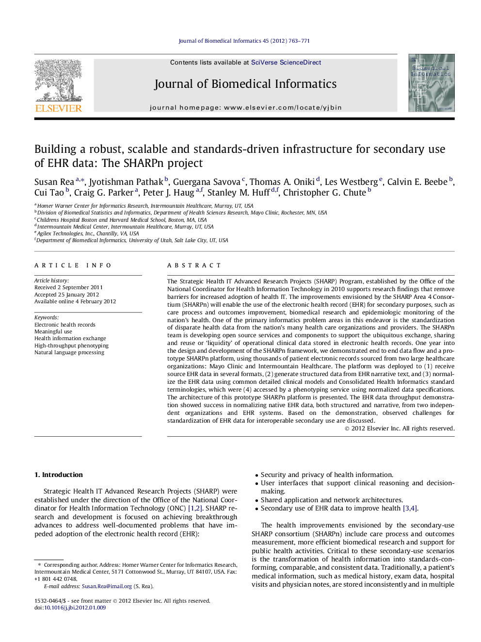 Building a robust, scalable and standards-driven infrastructure for secondary use of EHR data: The SHARPn project