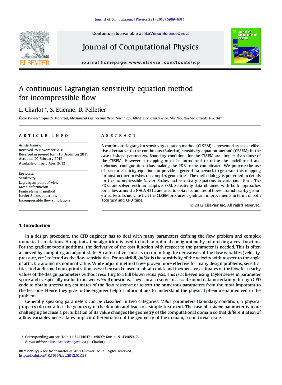 A continuous Lagrangian sensitivity equation method for incompressible flow