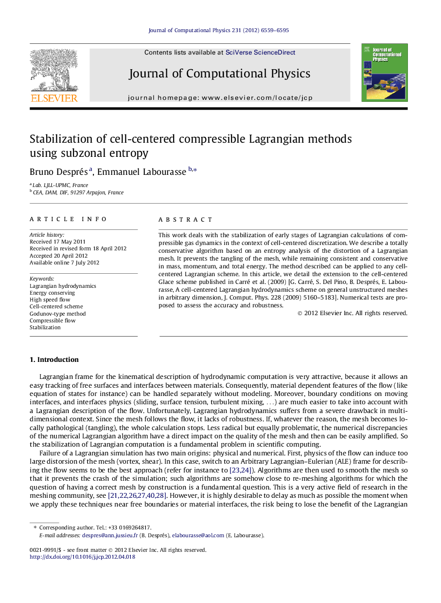 Stabilization of cell-centered compressible Lagrangian methods using subzonal entropy