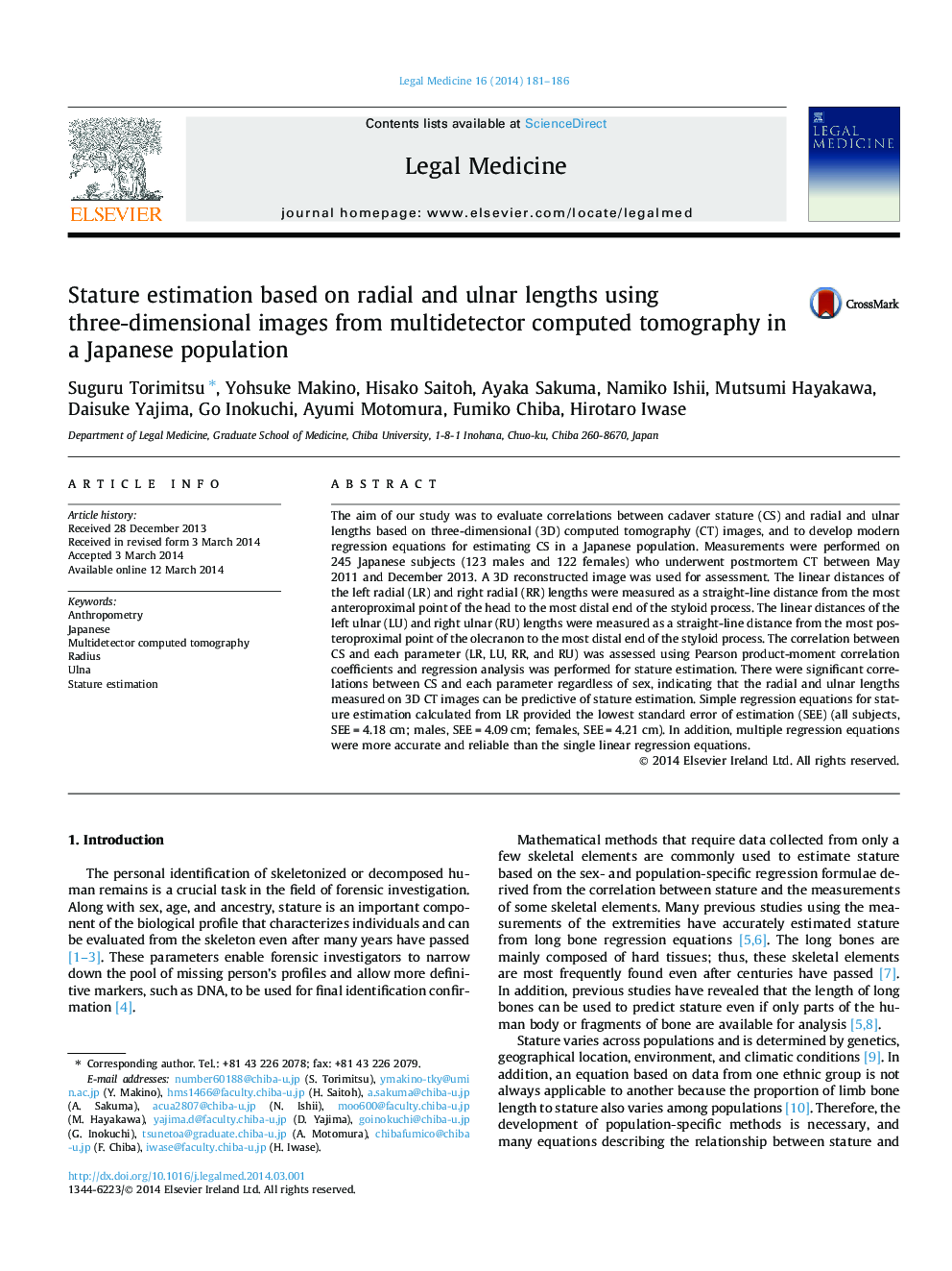 Stature estimation based on radial and ulnar lengths using three-dimensional images from multidetector computed tomography in a Japanese population