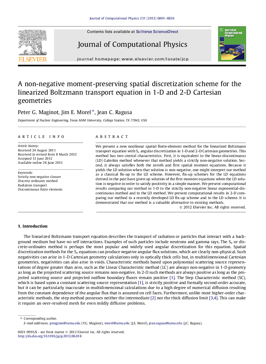 A non-negative moment-preserving spatial discretization scheme for the linearized Boltzmann transport equation in 1-D and 2-D Cartesian geometries