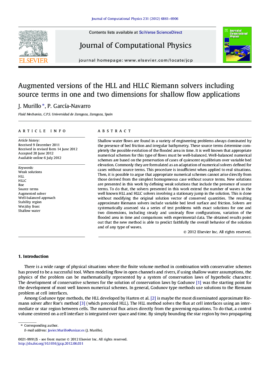 Augmented versions of the HLL and HLLC Riemann solvers including source terms in one and two dimensions for shallow flow applications