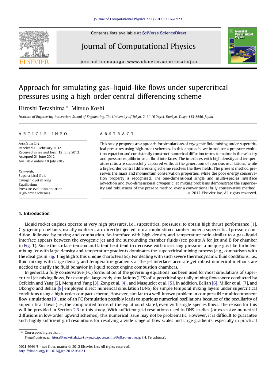 Approach for simulating gas-liquid-like flows under supercritical pressures using a high-order central differencing scheme