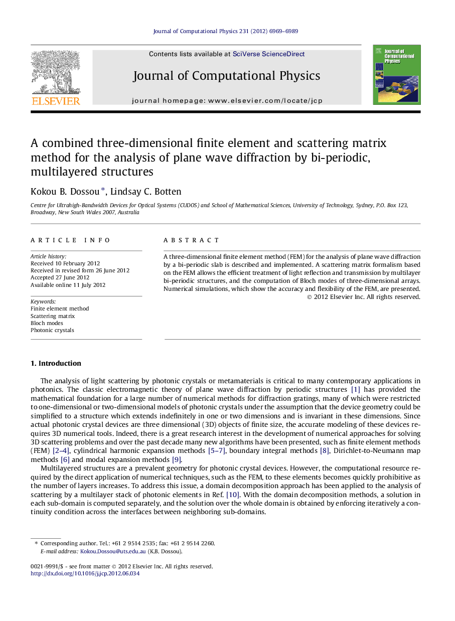 A combined three-dimensional finite element and scattering matrix method for the analysis of plane wave diffraction by bi-periodic, multilayered structures