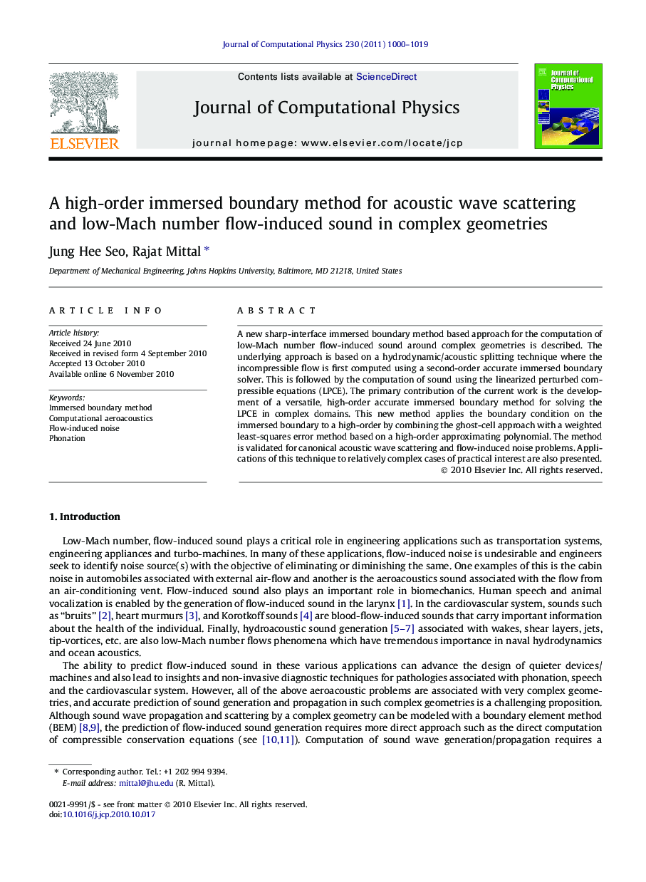 A high-order immersed boundary method for acoustic wave scattering and low-Mach number flow-induced sound in complex geometries