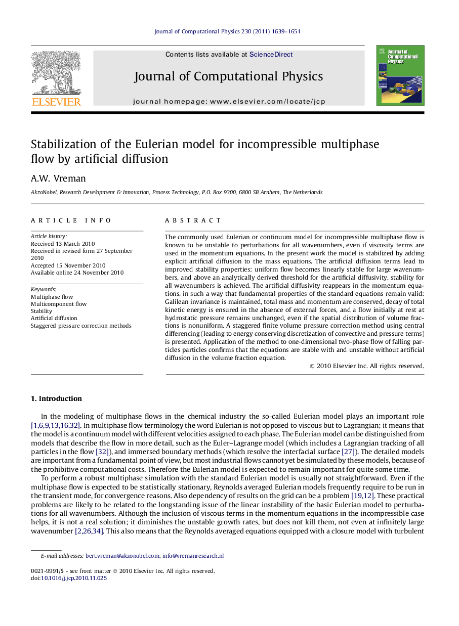 Stabilization of the Eulerian model for incompressible multiphase flow by artificial diffusion