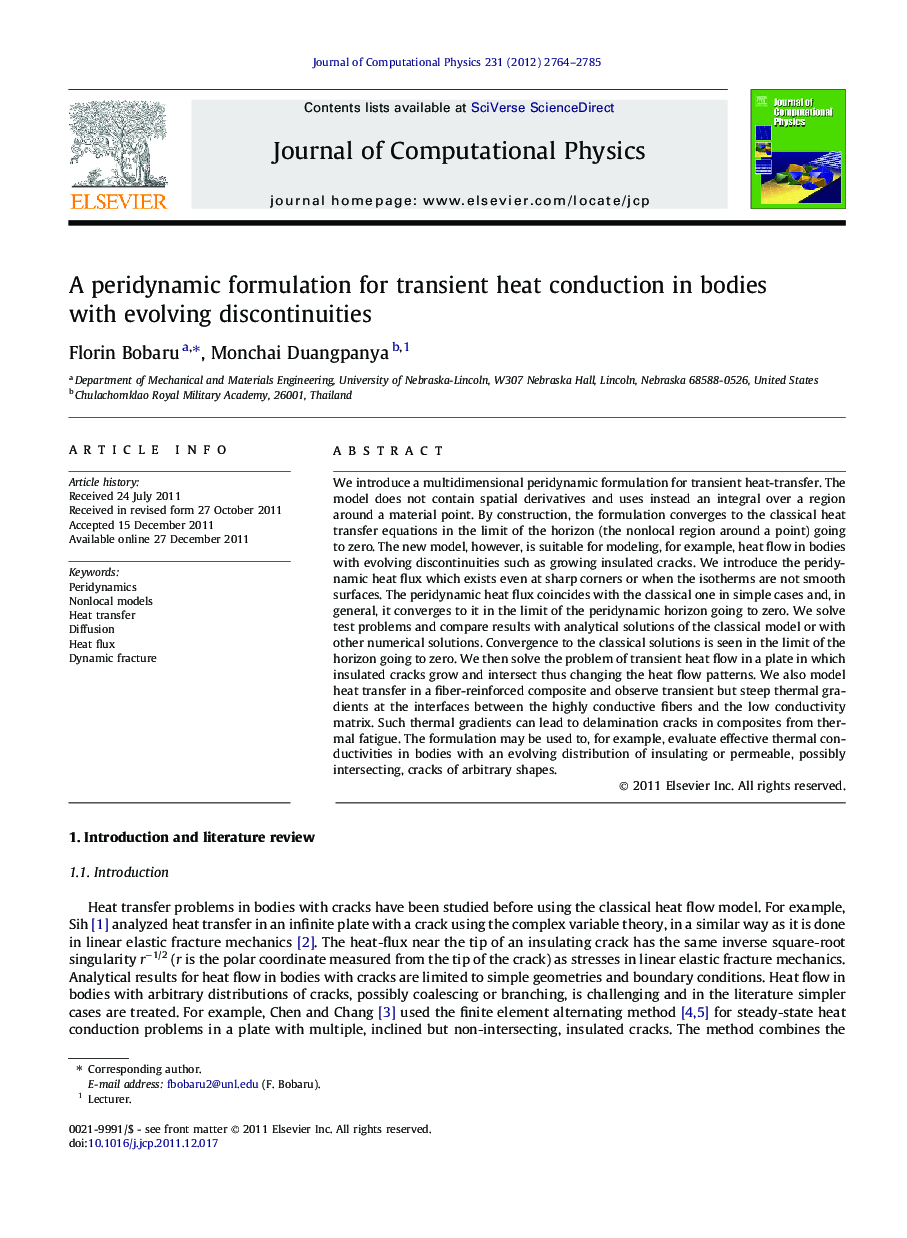 A peridynamic formulation for transient heat conduction in bodies with evolving discontinuities