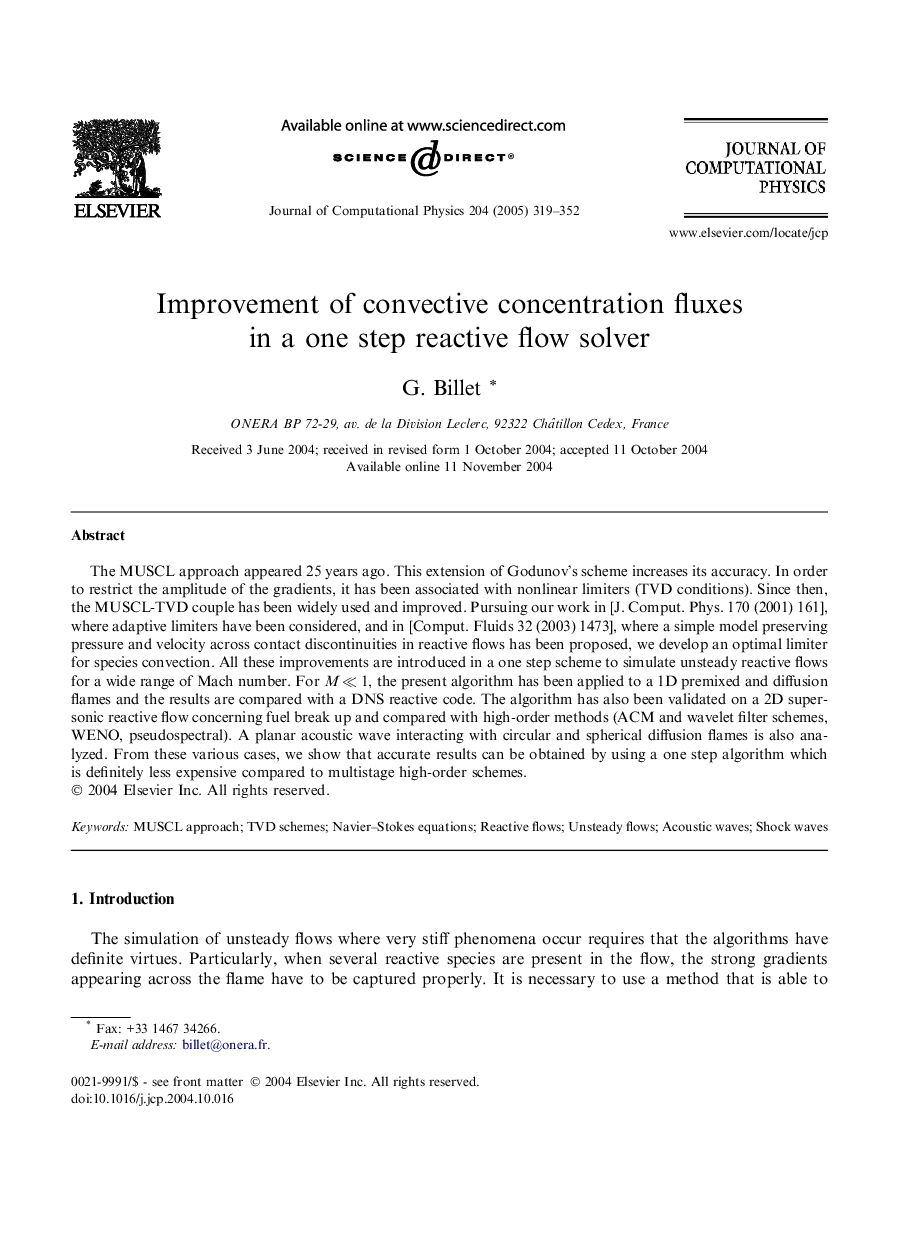 Improvement of convective concentration fluxes in a one step reactive flow solver