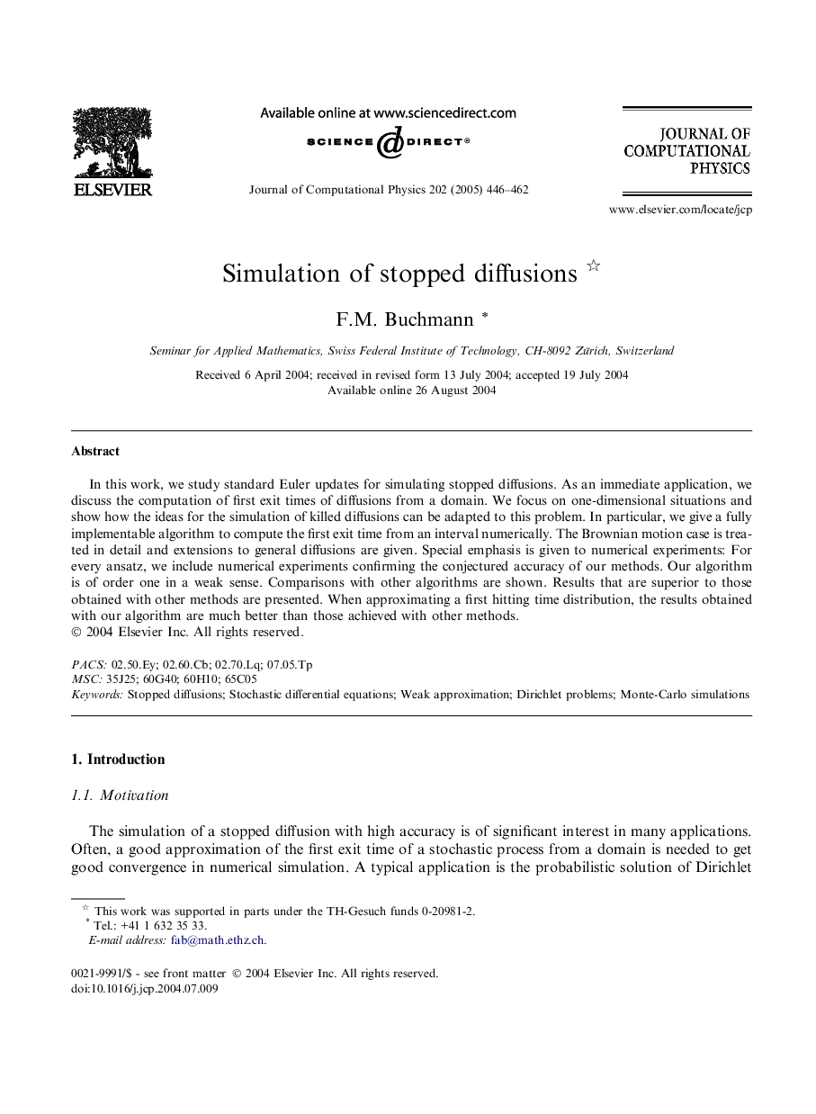 عکس صفحه اول مقاله: Simulation of stopped diffusions Simulation of stopped diffusions