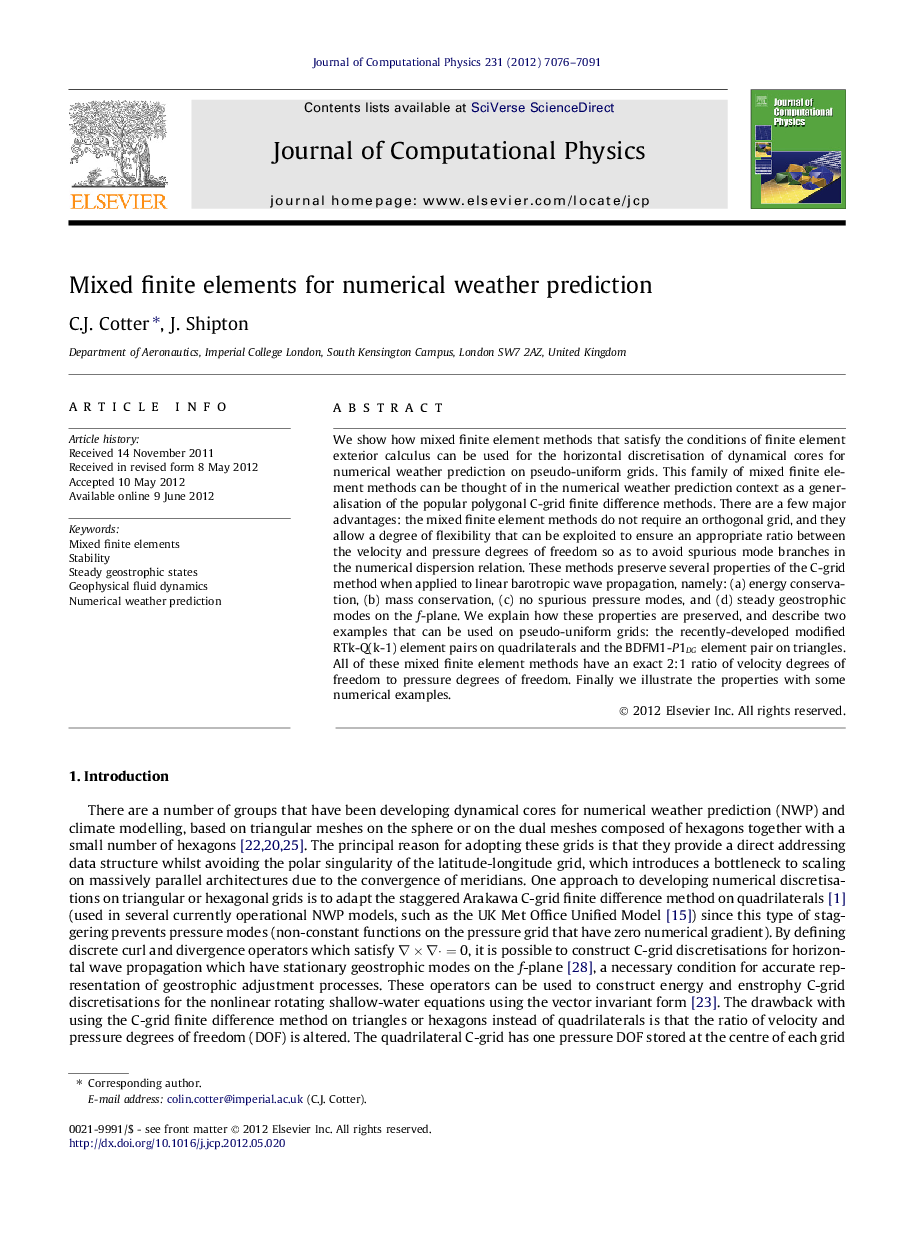 Mixed finite elements for numerical weather prediction