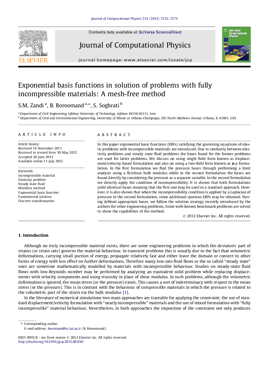 Exponential basis functions in solution of problems with fully incompressible materials: A mesh-free method