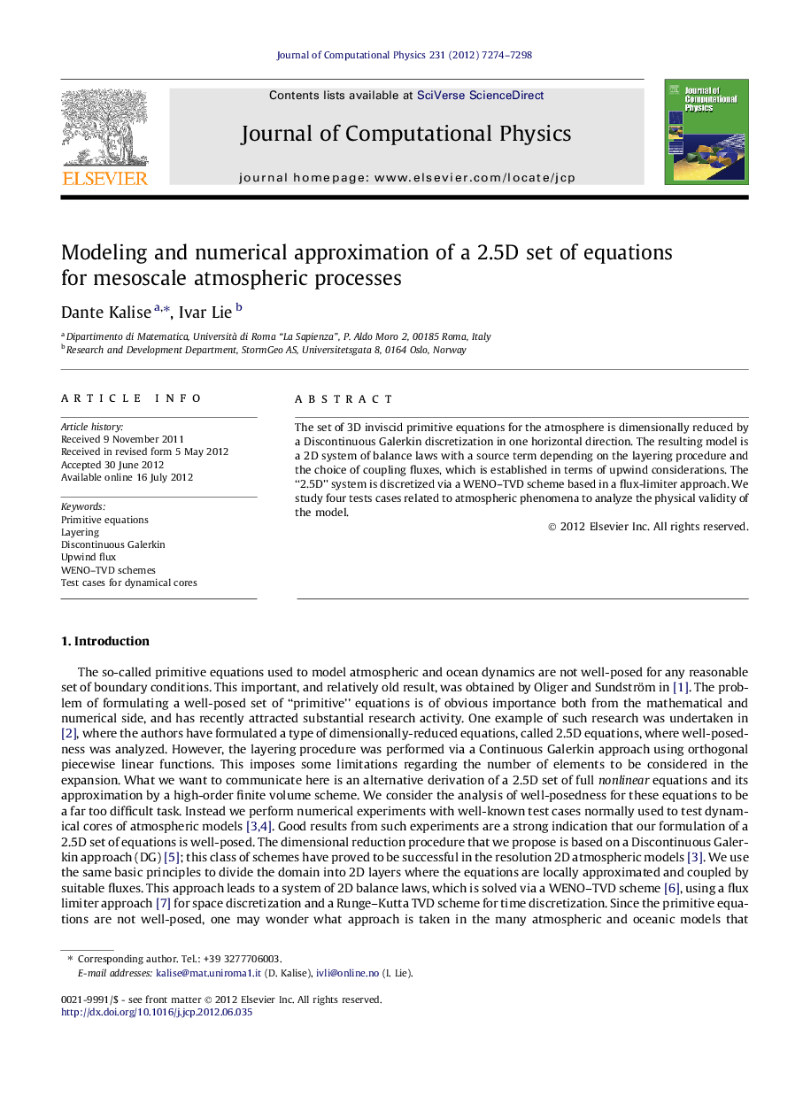 Modeling and numerical approximation of a 2.5D set of equations for mesoscale atmospheric processes