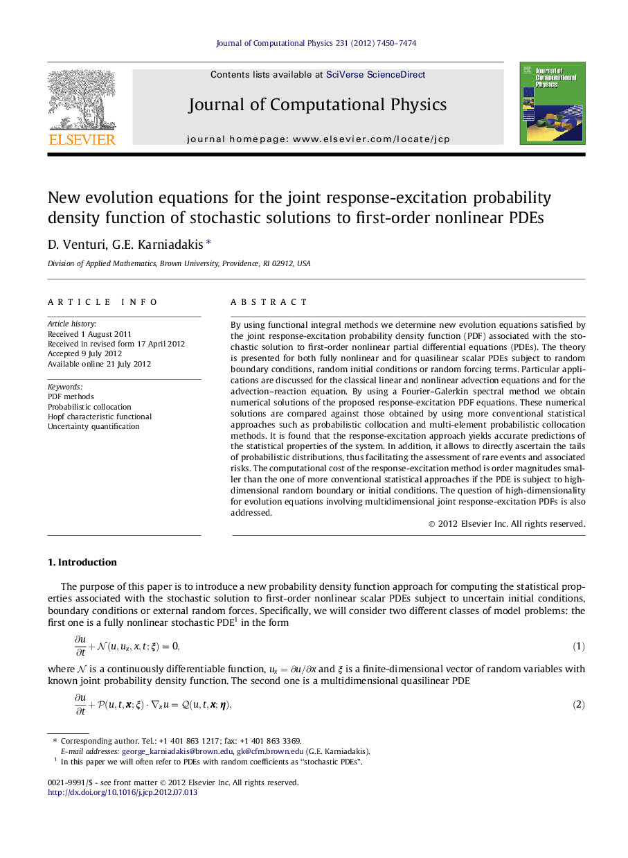 New evolution equations for the joint response-excitation probability density function of stochastic solutions to first-order nonlinear PDEs