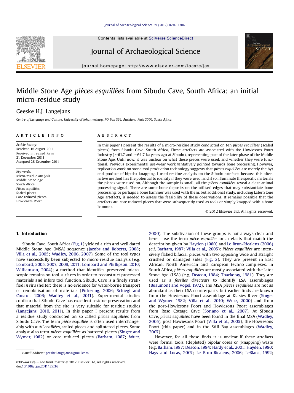 Middle Stone Age piÃ¨ces esquillées from Sibudu Cave, South Africa: an initial micro-residue study