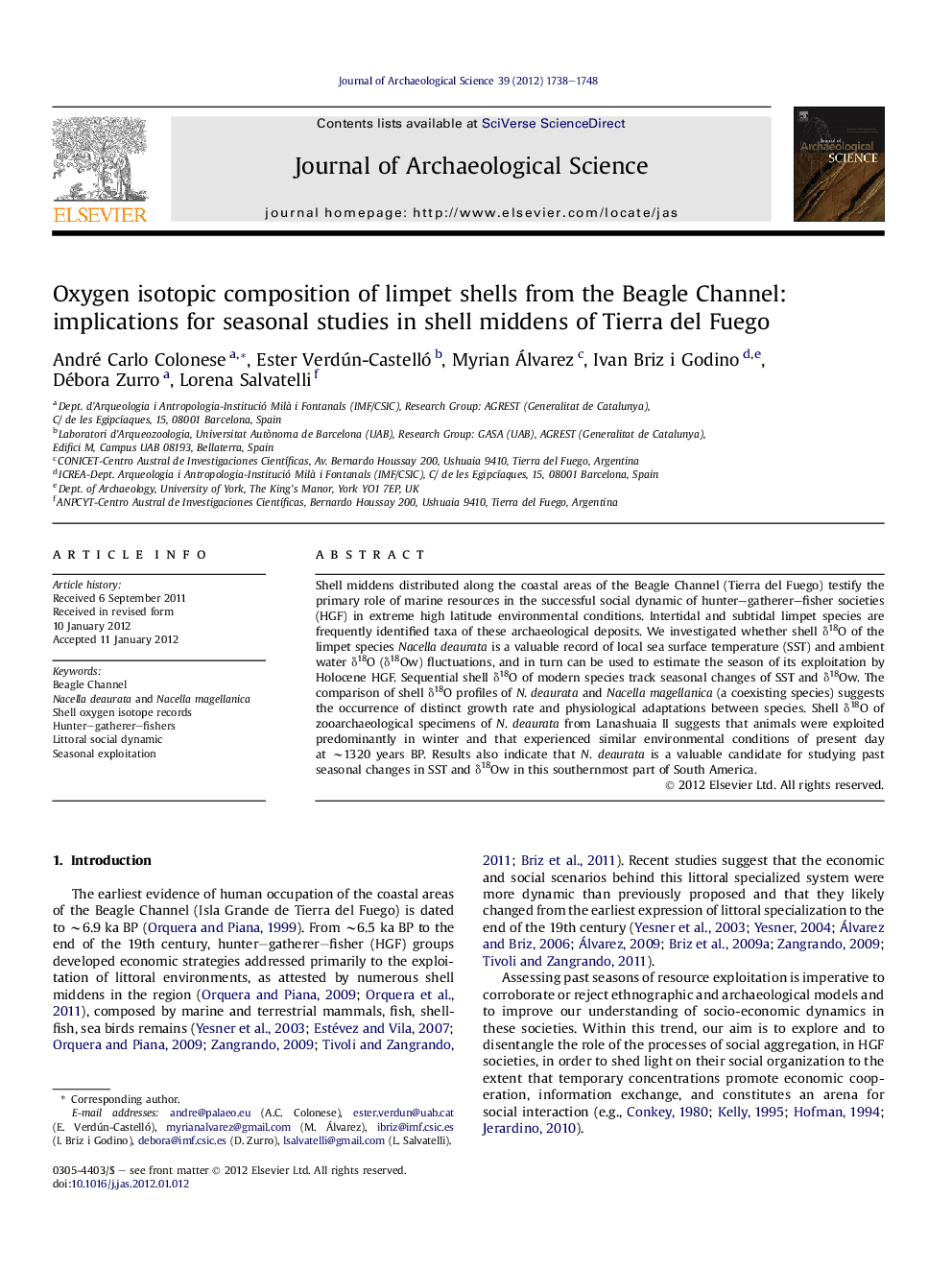 Oxygen isotopic composition of limpet shells from the Beagle Channel: implications for seasonal studies in shell middens of Tierra del Fuego