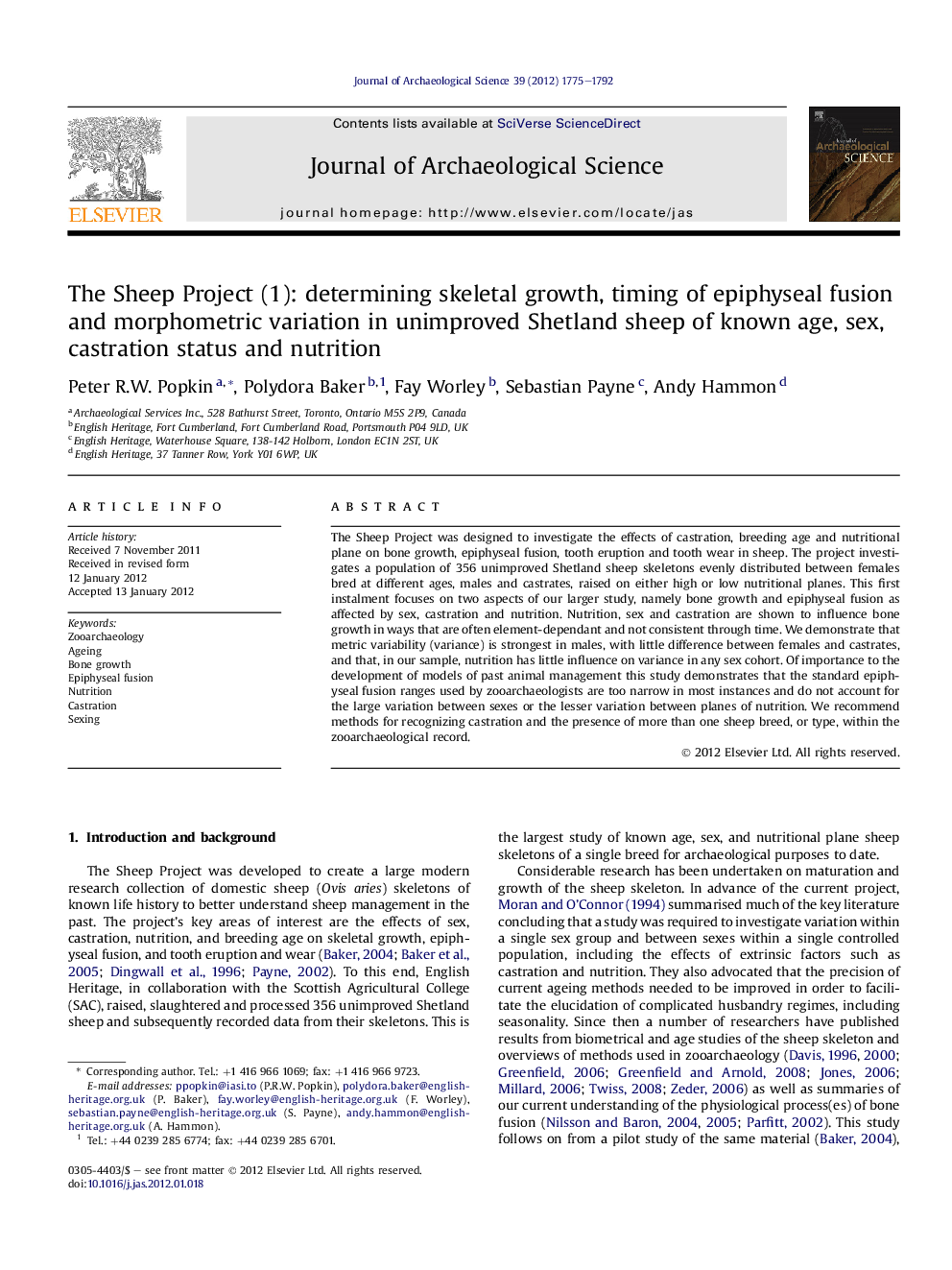 The Sheep Project (1): determining skeletal growth, timing of epiphyseal fusion and morphometric variation in unimproved Shetland sheep of known age, sex, castration status and nutrition